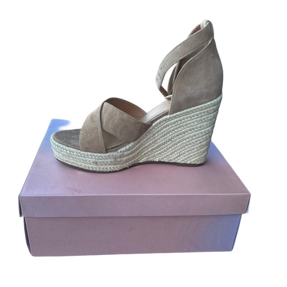 Tan Wedge Sandals with Ankle Strap and Braided Heel - Picture 1 of 7